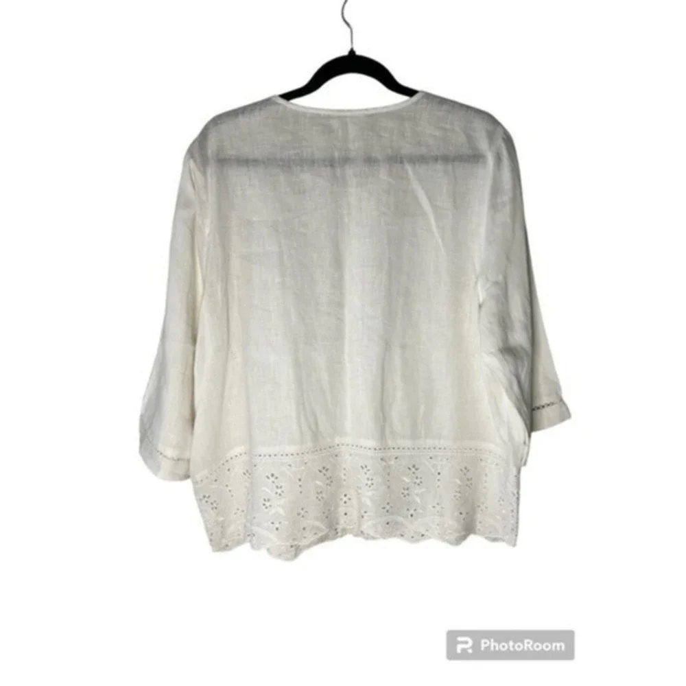J. Jill Love Linen White Eyelet Embroidered Button Front Top‎ Large Petite LP